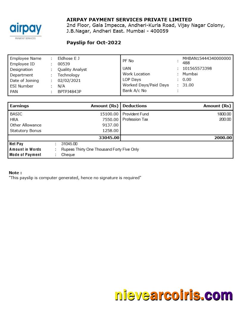 Airpay Payment Services payslip